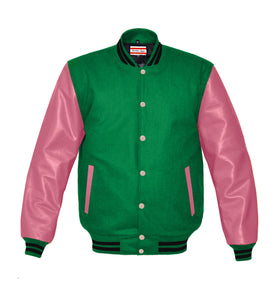 Superb Genuine Pink Leather Sleeve Letterman College Varsity Kid Wool Jackets #PKSL-BSTR-PKB