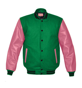 Superb Genuine Pink Leather Sleeve Letterman College Varsity Kid Wool Jackets #PKSL-BSTR-BB