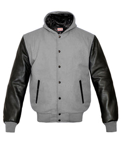 Superb Genuine Black Leather Sleeve Letterman College Varsity Kid Wool Hoodie Jackets #BSL-H-BB