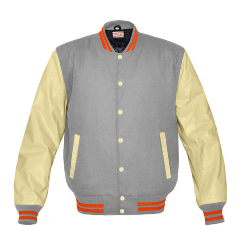 Superb Genuine Cream Leather Sleeve Letterman College Varsity Men Wool Jackets #CRSL-ORSTR-CB