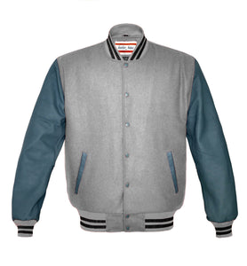 Superb Genuine Grey Leather Sleeve Letterman College Varsity Men Wool Jackets #GYSL-BSTR-GYB