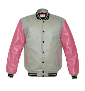 Superb Genuine Pink Leather Sleeve Letterman College Varsity Women Wool Jackets #PKSL-BSTR-BB