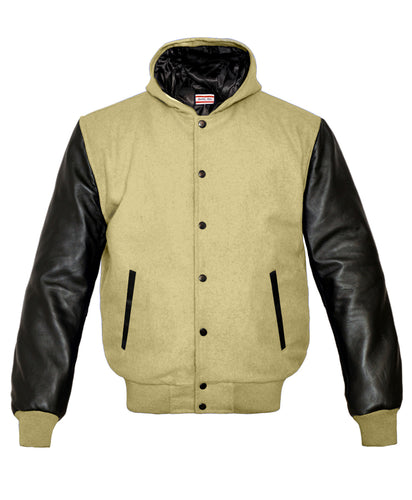 Superb Genuine Black Leather Sleeve Letterman College Varsity Men Wool Hoodie Jackets #BSL-H-BB
