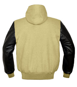 Superb Genuine Black Leather Sleeve Letterman College Varsity Men Wool Hoodie Jackets #BSL-H-BB