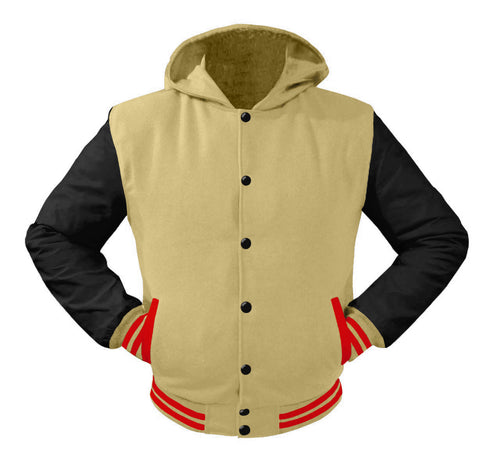 Superb Black Leather Sleeve Original American Varsity Letterman College Baseball Men Wool Hoodie Jackets #BSL-RSTR-BB-H