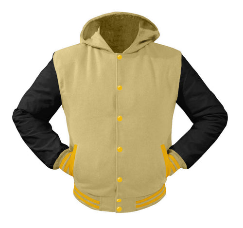 Superb Black Leather Sleeve Original American Varsity Letterman College Baseball Men Wool Hoodie Jackets #BSL-YSTR-YB-H