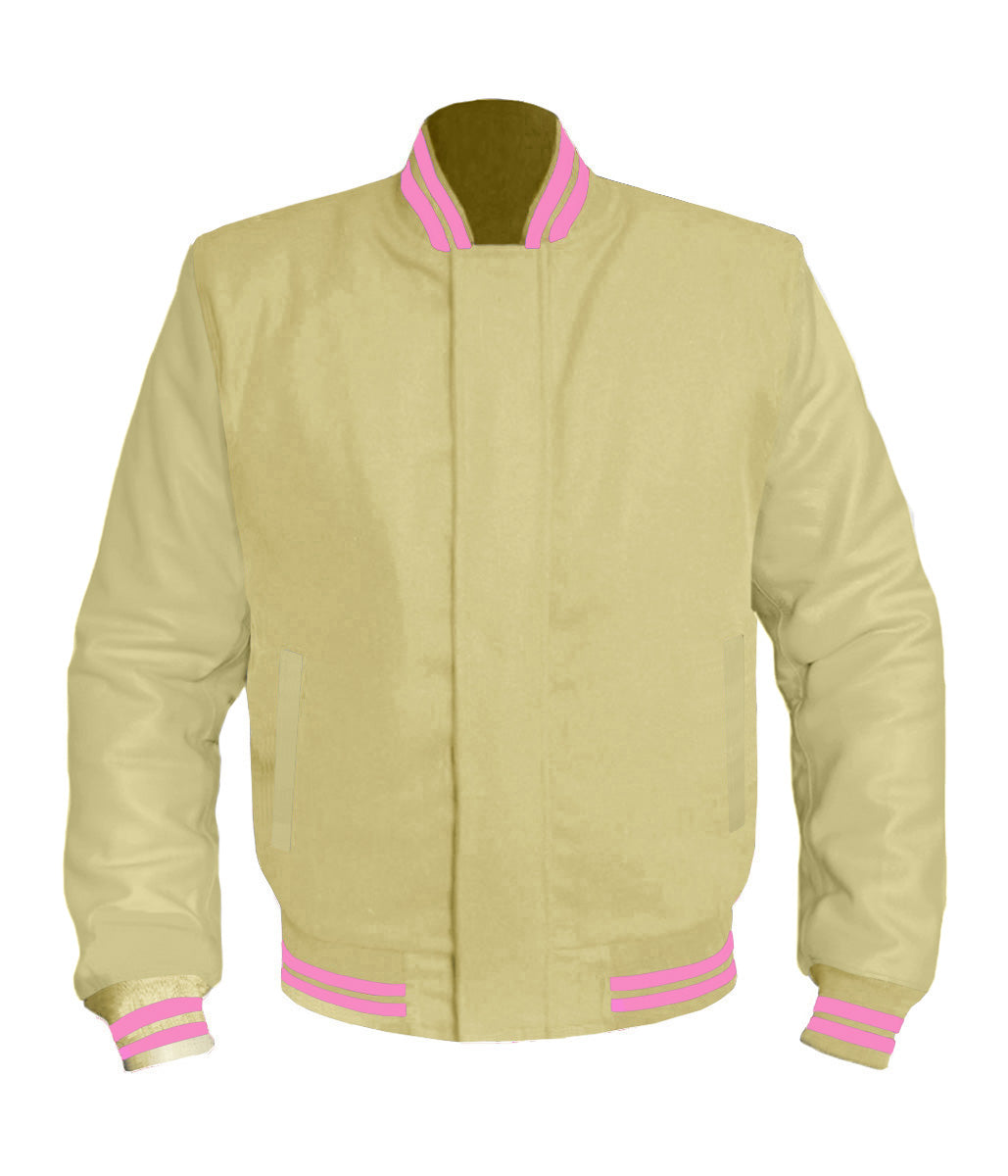 Original American Varsity Cream Leather Sleeve Letterman College Baseball Men Wool Jackets #CRSL-PKSTR-BZ