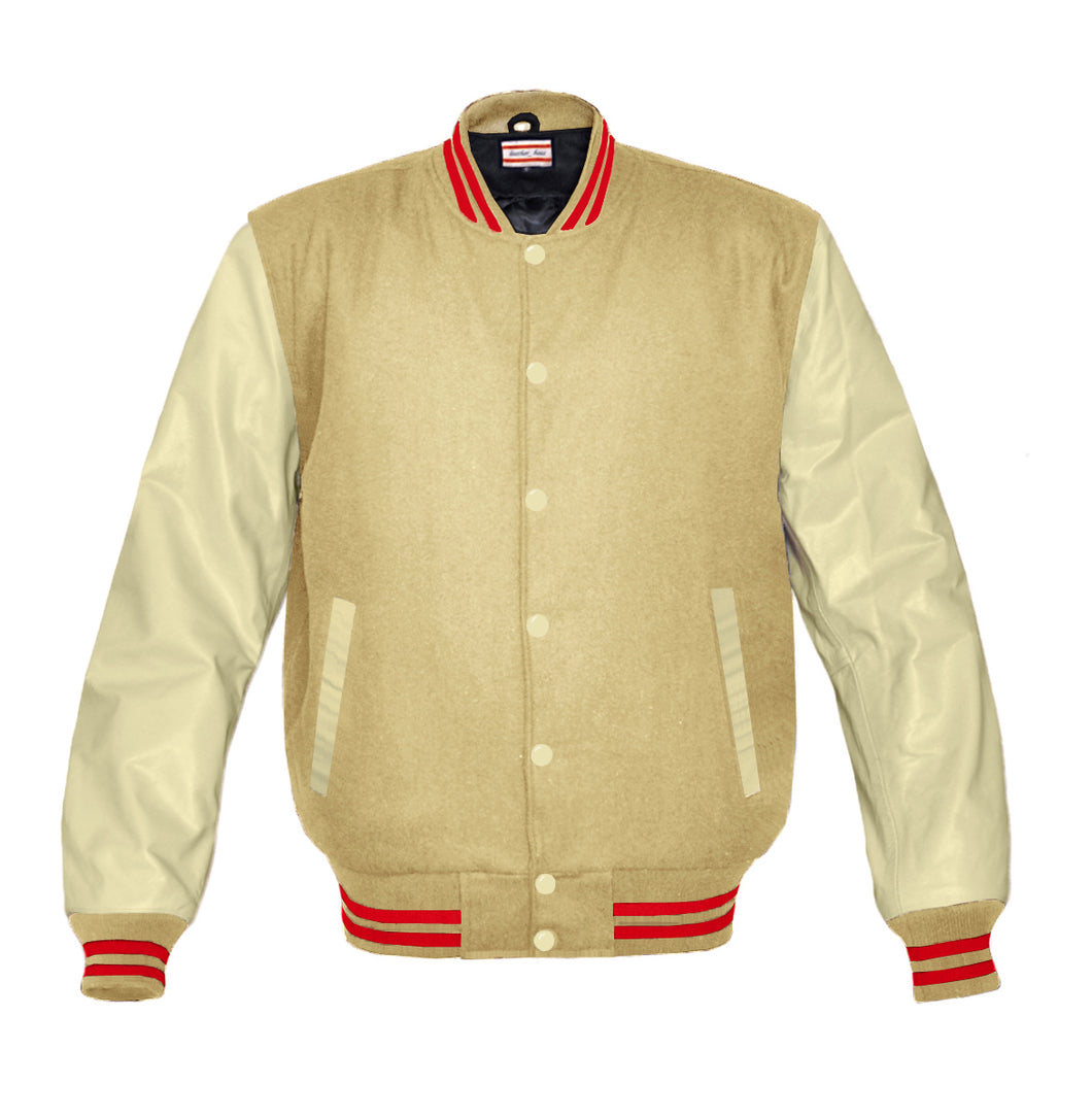 Superb Genuine Cream Leather Sleeve Letterman College Varsity Men Wool Jackets #CRSL-RSTR-CB