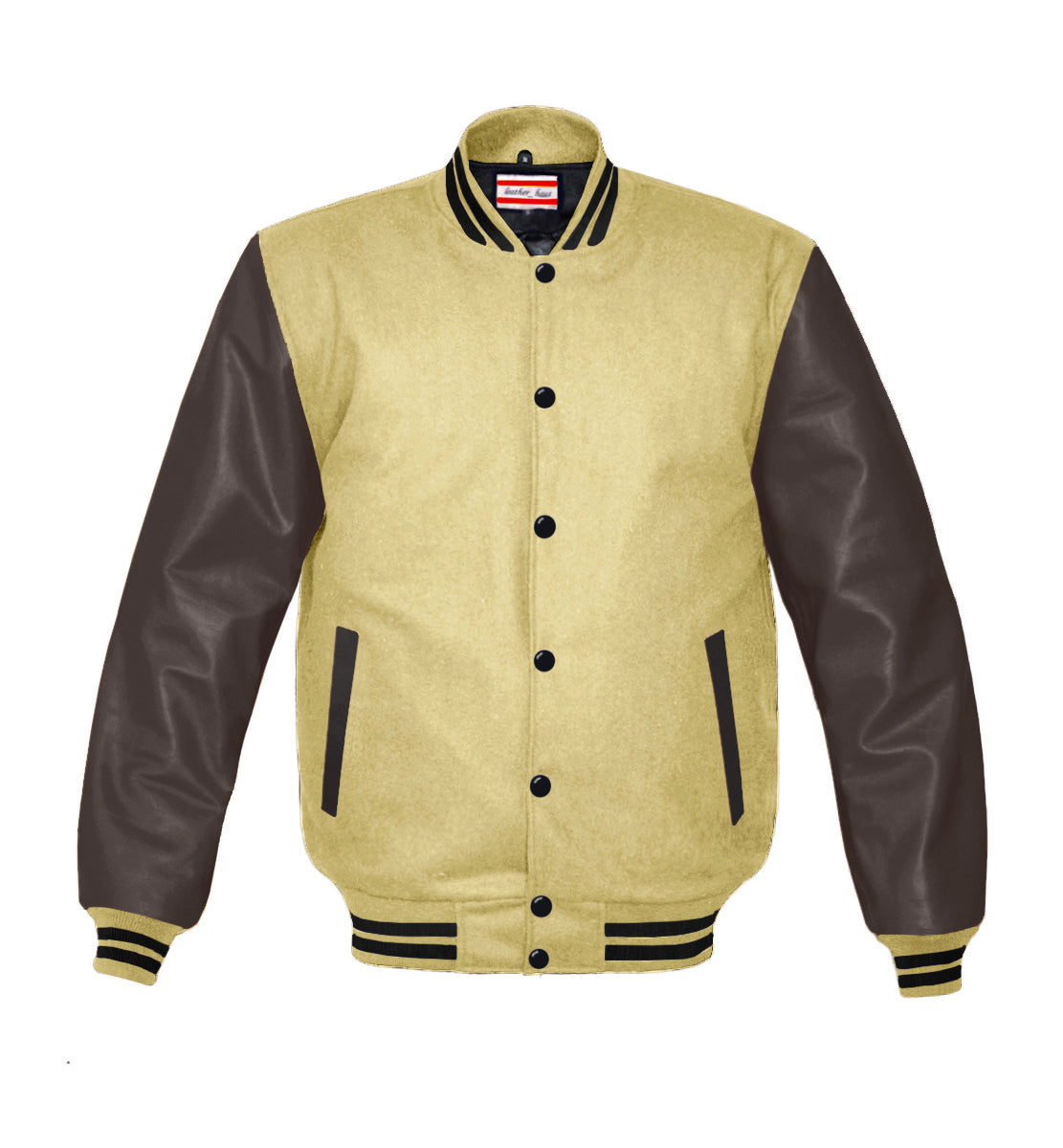 Varsity Jacket Baseball Letterman Bomber School Collage Of Yellow Wool and  Genuine Brown Leather Sleeves at  Men’s Clothing store