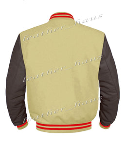 Original American Varsity Dark Brown Leather Sleeve Letterman College Baseball Women Wool Jackets #DBRSL-RSTR-BZ