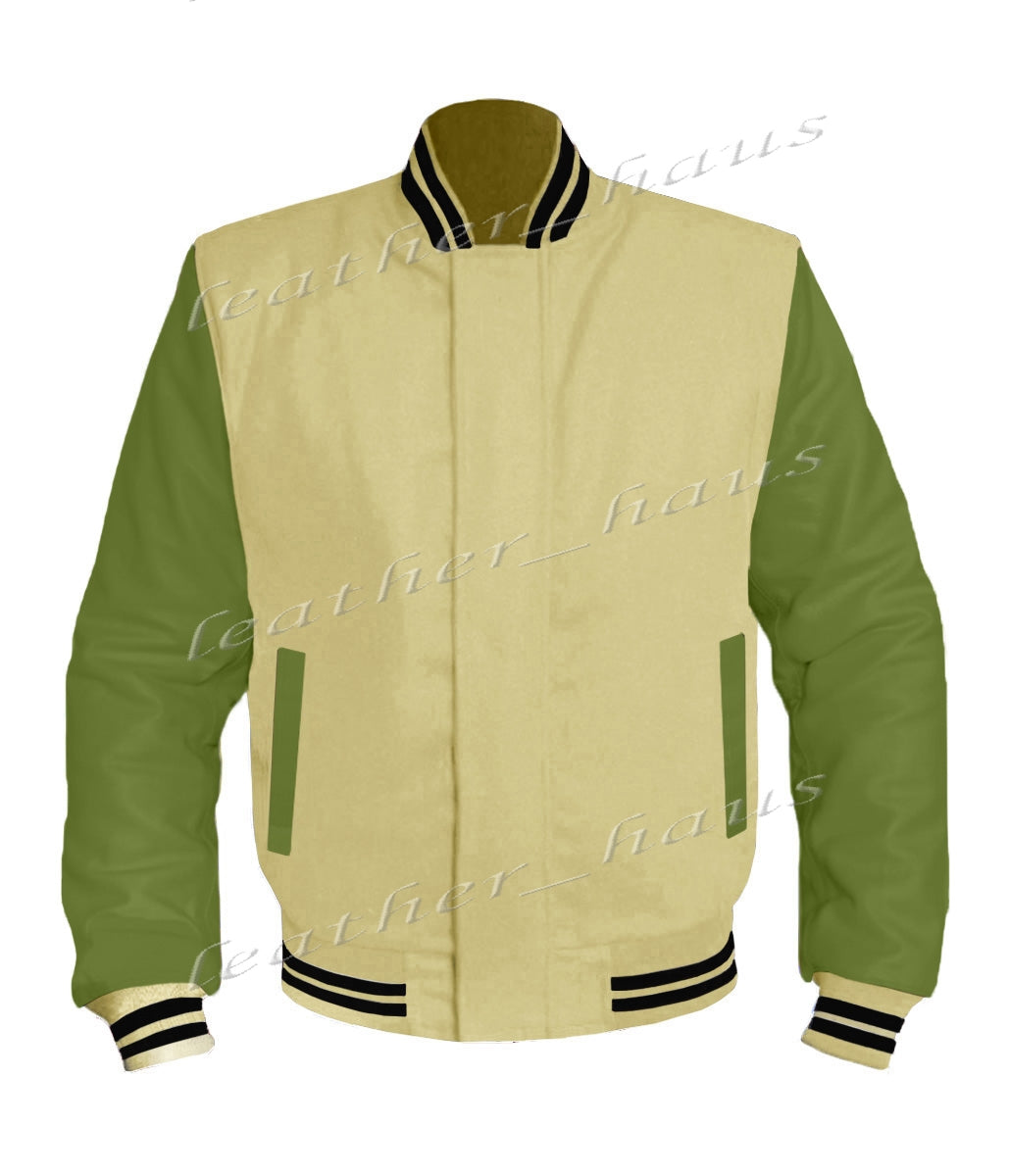 Original American Varsity Green Leather Sleeve Letterman College Baseball Women Wool Jackets #GRSL-BSTR-BZ