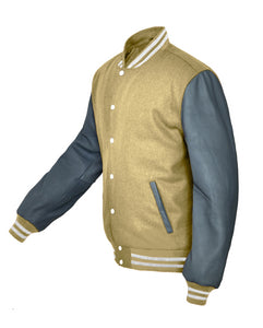 Superb Genuine Grey Leather Sleeve Letterman College Varsity Women Wool Jackets #GYSL-WSTR-WB