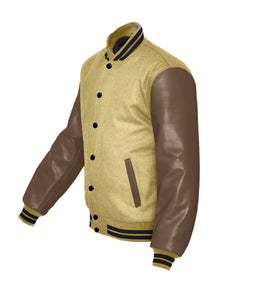 Original American Varsity Light Brown Leather Sleeve Letterman College Baseball Men Wool Jackets #LBRSL-BSTR-BB