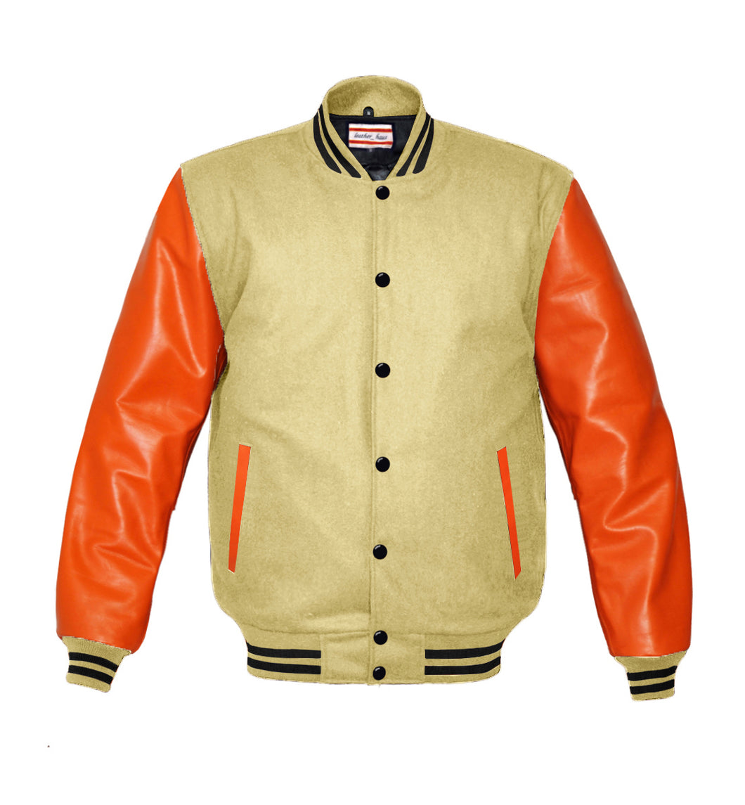 Superb Genuine Orange Leather Sleeve Letterman College Varsity Men Wool Jackets #ORSL-BSTR-BB