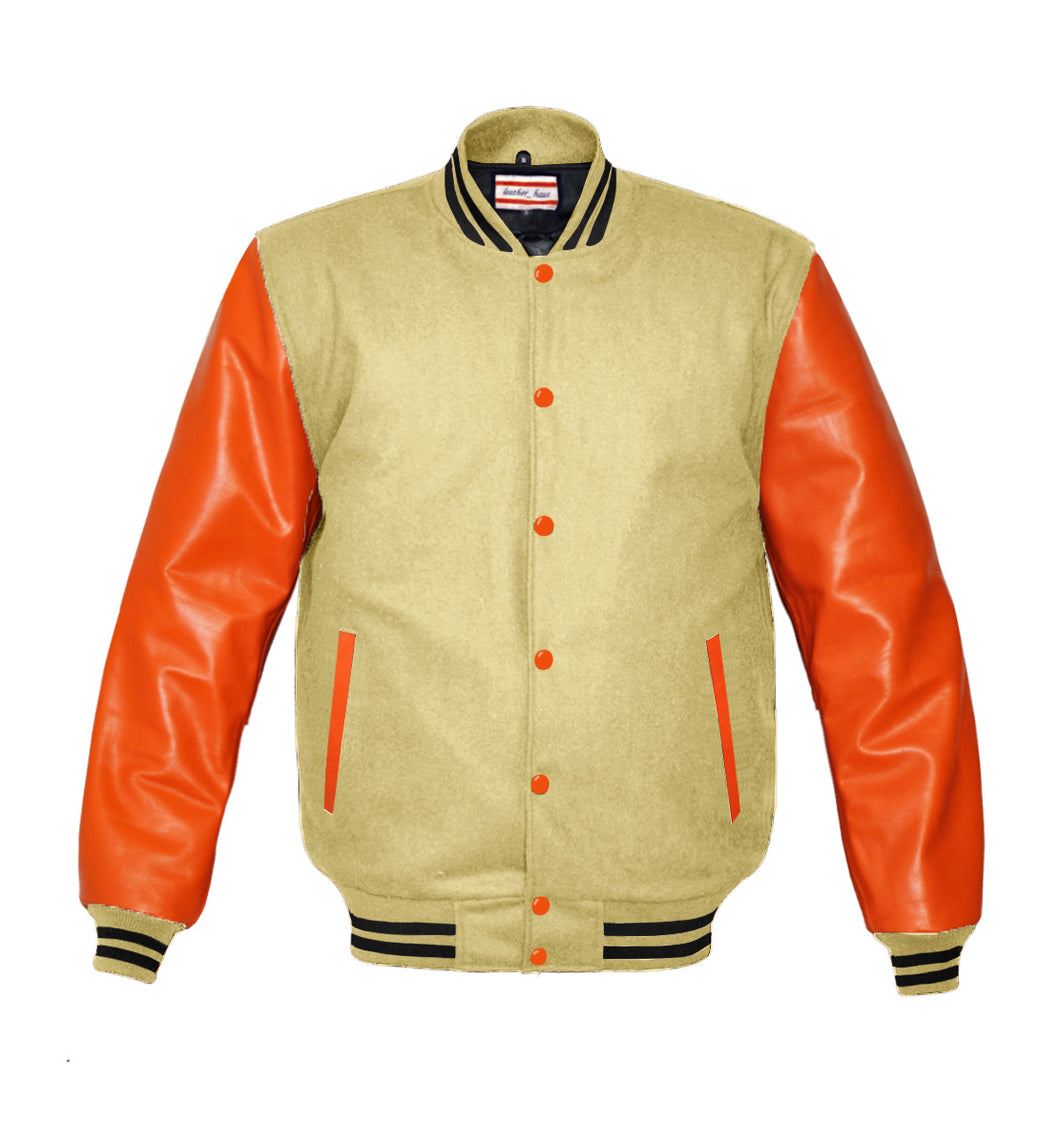 Superb Genuine Orange Leather Sleeve Letterman College Varsity Men Wool Jackets #ORSL-BSTR-OB