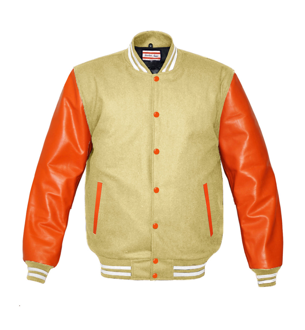 Superb Genuine Orange Leather Sleeve Letterman College Varsity Men Wool Jackets #ORSL-WSTR-OB