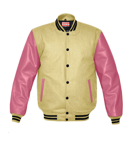 Superb Genuine Pink Leather Sleeve Letterman College Varsity Men Wool Jackets #PKSL-BSTR-BB