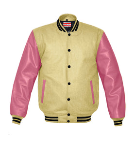 Superb Genuine Pink Leather Sleeve Letterman College Varsity Kid Wool Jackets #PKSL-BSTR-BB