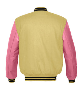 Superb Genuine Pink Leather Sleeve Letterman College Varsity Women Wool Jackets #PKSL-BSTR-PKB