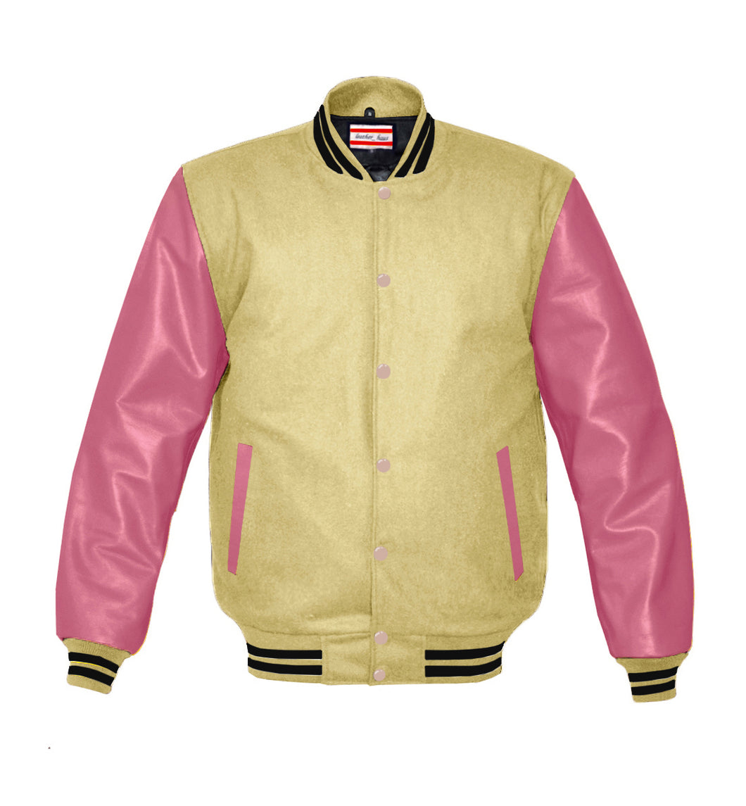 Superb Genuine Pink Leather Sleeve Letterman College Varsity Men Wool Jackets #PKSL-BSTR-PKB