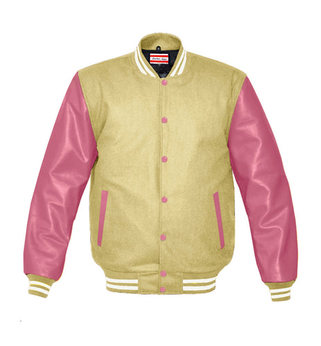 Superb Genuine Pink Leather Sleeve Letterman College Varsity Men Wool Jackets #PKSL-WSTR-PKB