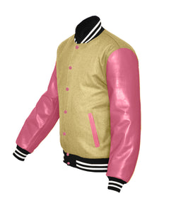 Original American Varsity Real Pink Leather Letterman College Baseball Women Wool Jackets #PKSL-WSTR-PKB-BBand
