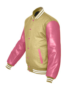 Superb Genuine Pink Leather Sleeve Letterman College Varsity Women Wool Jackets #PKSL-WSTR-PKB