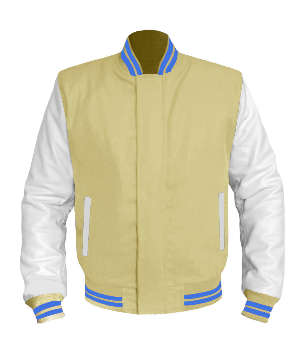 Original American Varsity White Leather Sleeve Letterman College Baseball Men Wool Jackets #WSL-BLSTR-BZ