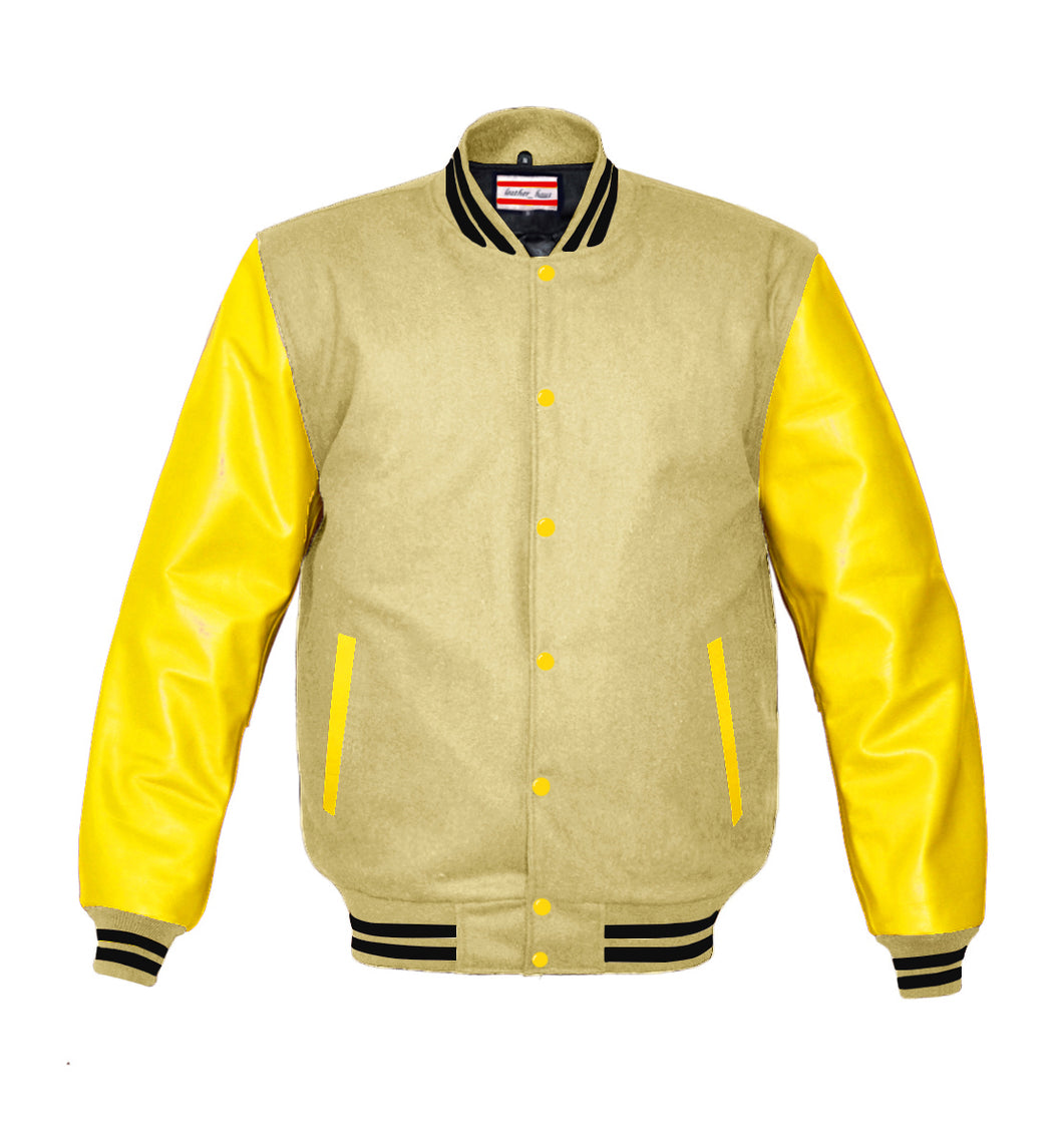 Superb Genuine Yellow Leather Sleeve Letterman College Varsity Men Wool Jackets #YSL-BSTR-YB