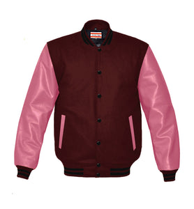 Superb Genuine Pink Leather Sleeve Letterman College Varsity Kid Wool Jackets #PKSL-BSTR-BB