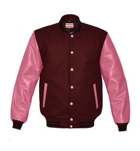 Superb Genuine Pink Leather Sleeve Letterman College Varsity Women Wool Jackets #PKSL-BSTR-PKB