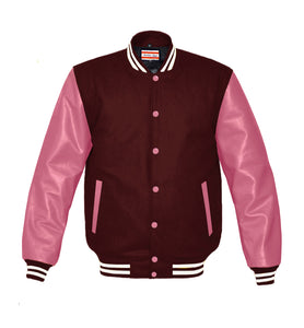 Superb Genuine Pink Leather Sleeve Letterman College Varsity Men Wool Jackets #PKSL-WSTR-PKB