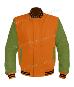 Original American Varsity Green Leather Sleeve Letterman College Baseball Women Wool Jackets #GRSL-BSTR-BZ