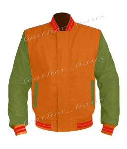 Original American Varsity Green Leather Sleeve Letterman College Baseball Women Wool Jackets #GRSL-RSTR-BZ