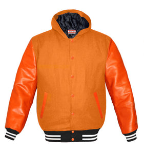 Superb Orange Leather Sleeve Original American Varsity Letterman College Baseball Women Wool Hoodie Jackets #ORSL-WSTR-OB-H-BBand