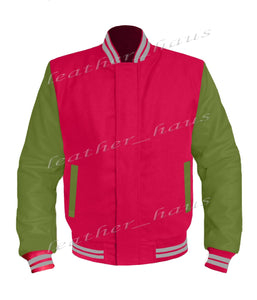 Original American Varsity Green Leather Sleeve Letterman College Baseball Women Wool Jackets #GRSL-GYSTR-BZ