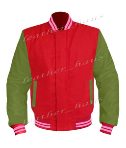 Original American Varsity Green Leather Sleeve Letterman College Baseball Women Wool Jackets #GRSL-PKSTR-BZ
