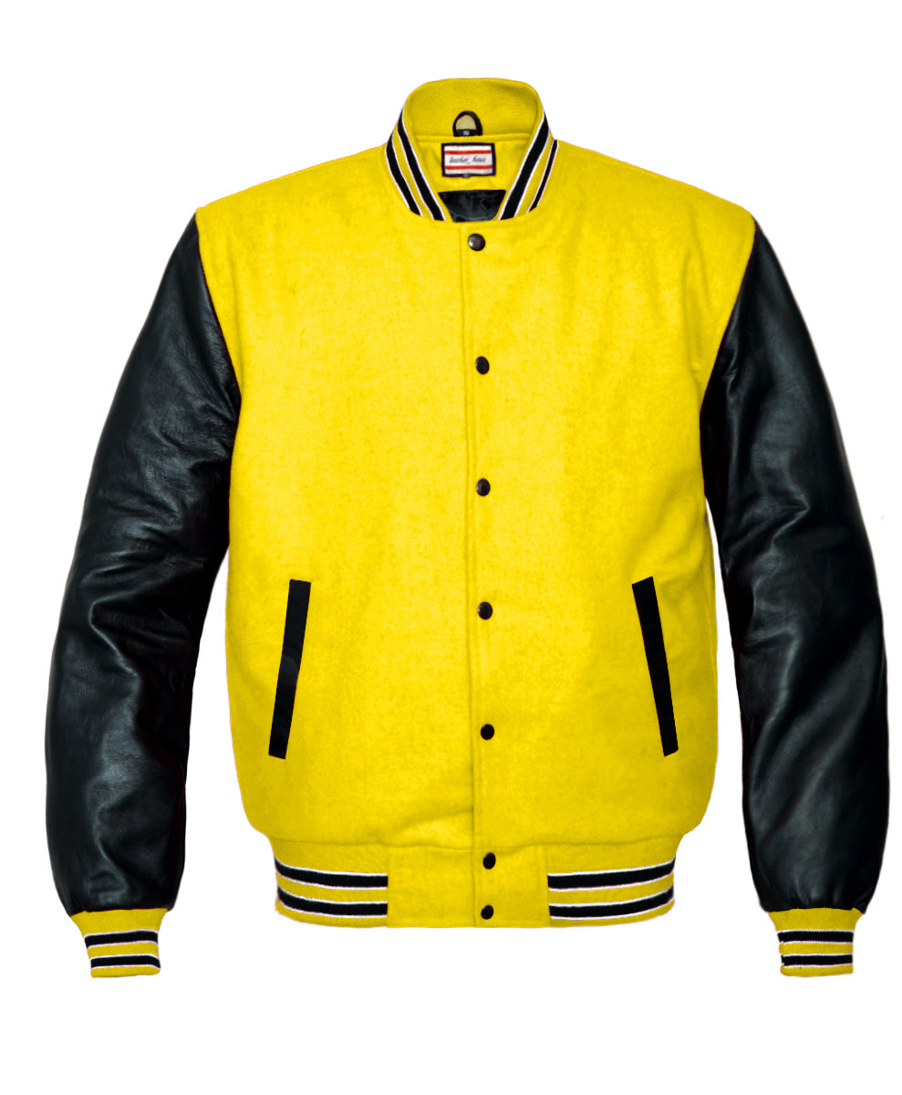 Yellow Wool and Genuine Black Leather Sleeves Baseball Jacket